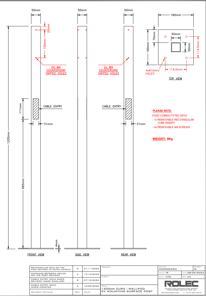 EVFP0030 - 1000mm 1/2 Way Post Powder Coated Black - CAD Drawing