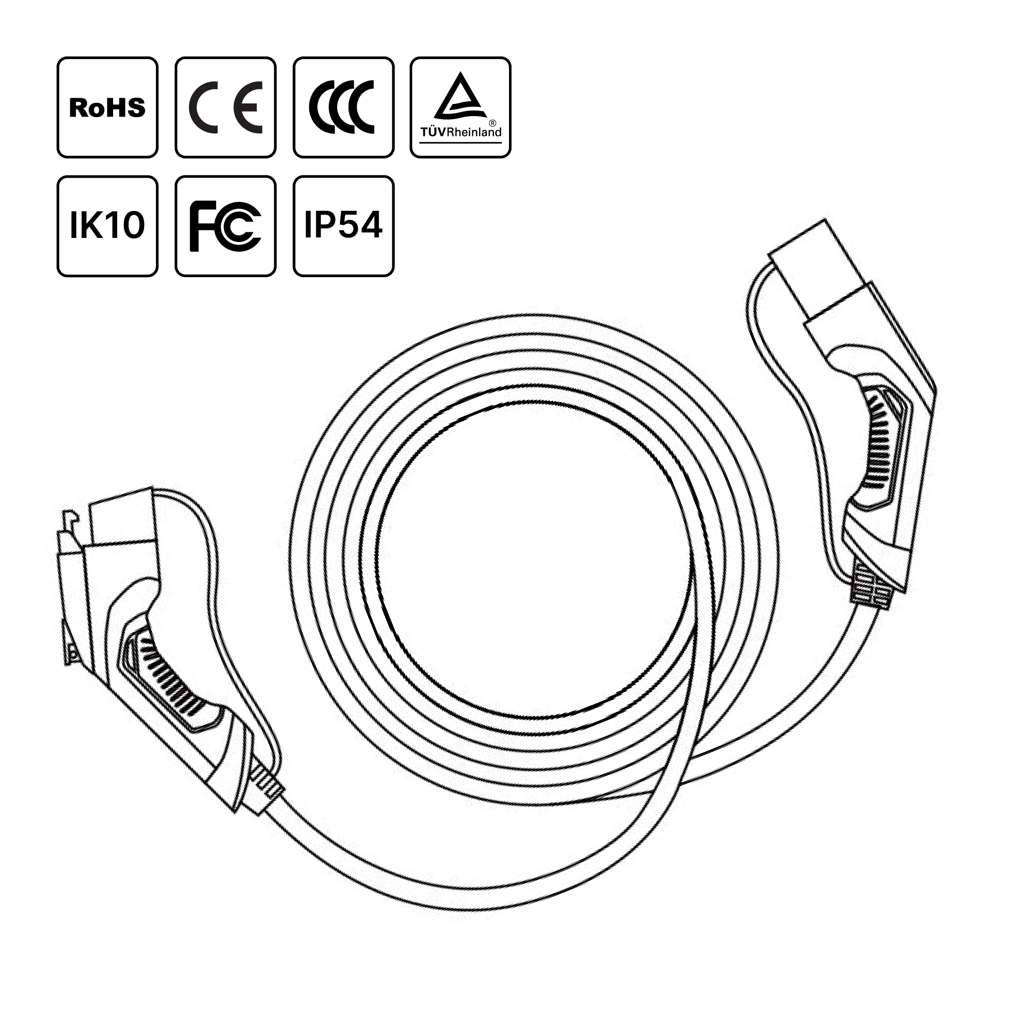EV Public Charging Cable, Type 1 to Type 2, 16/32 Amp, 3.6/7.2 kW