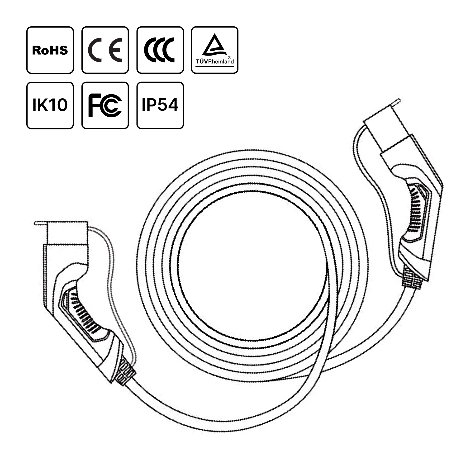 Type 2 tethered cable, IEC62196, 16/32amp, 3.6/7.2kW
